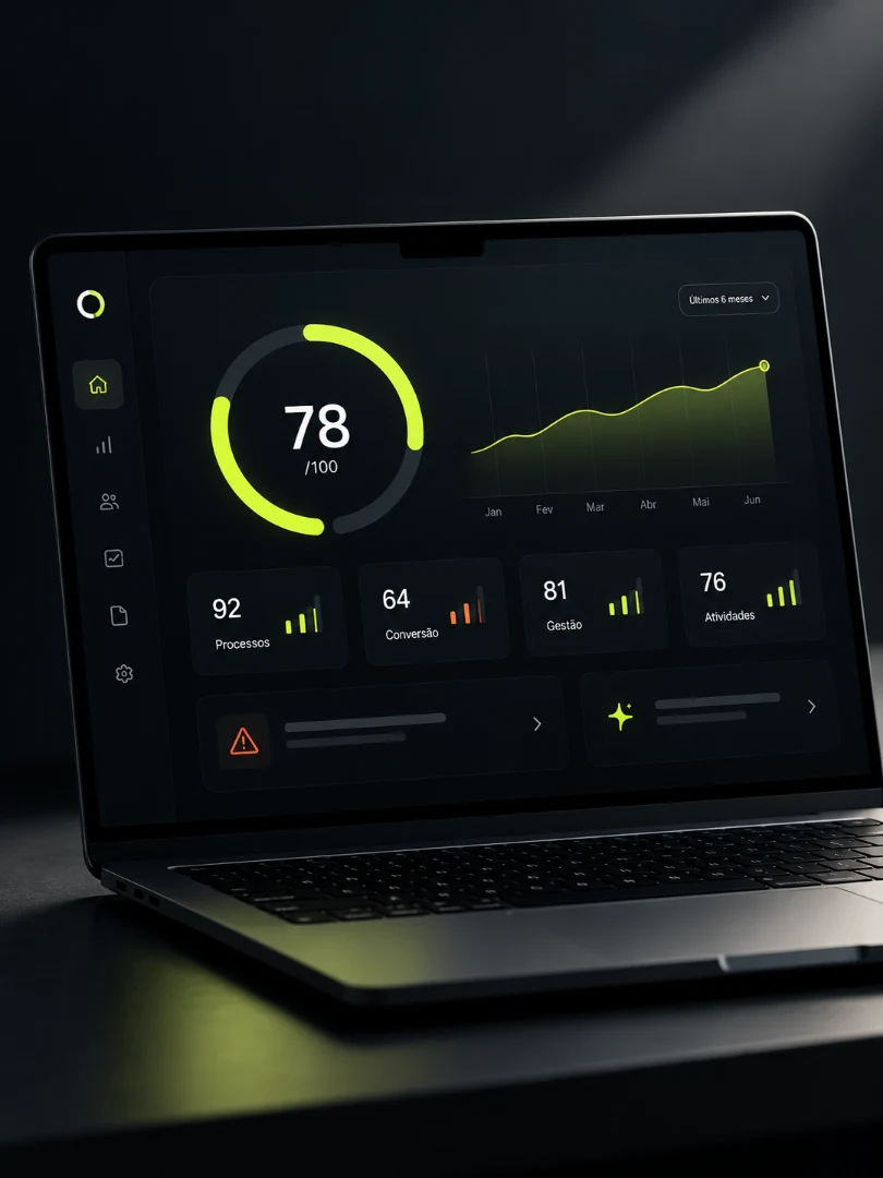 Painel do PO2 Pulse em um notebook, com nota geral, evolução e indicadores de processos, conversão, gestão e atividades